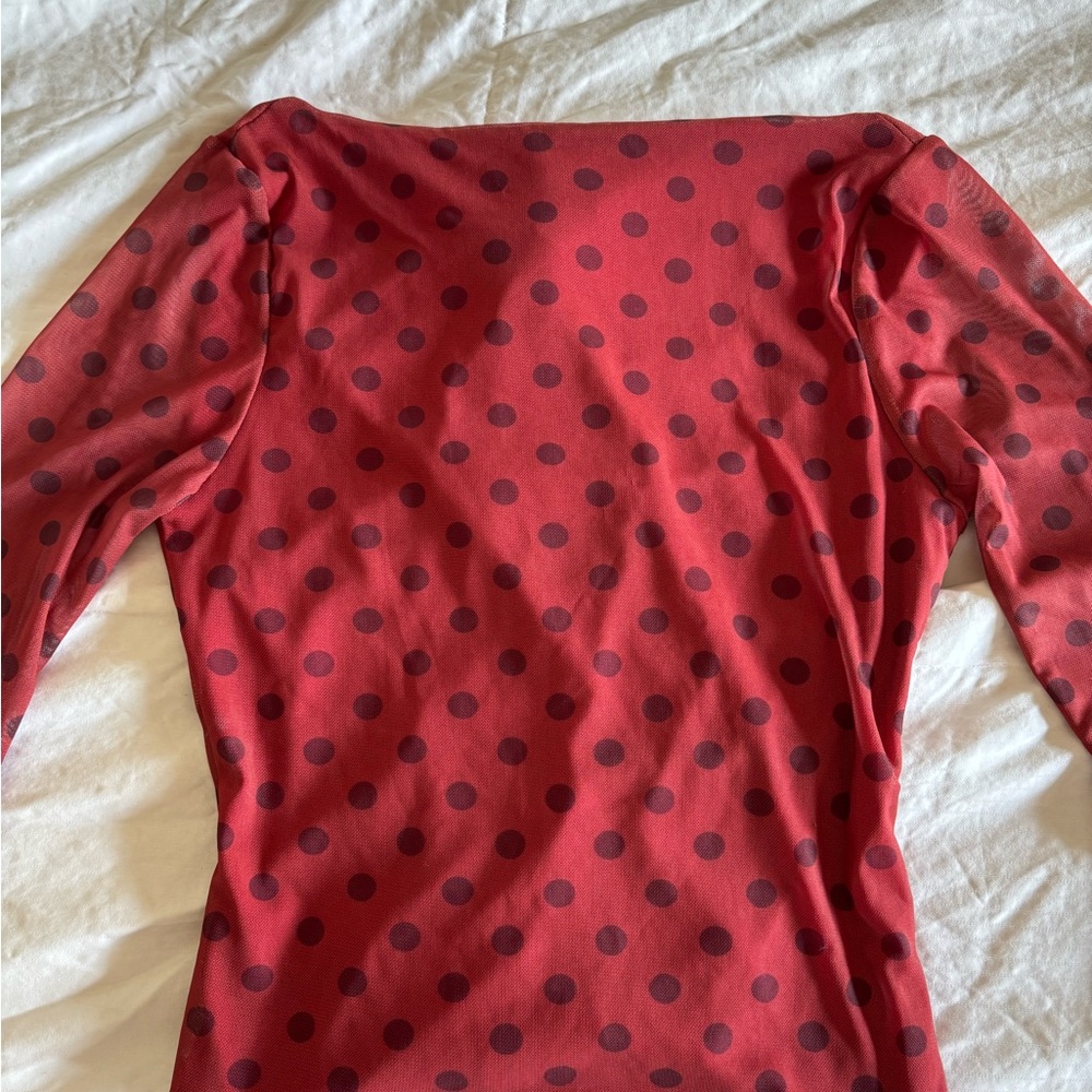 Asos red and black polka dot mesh long sleeve top
